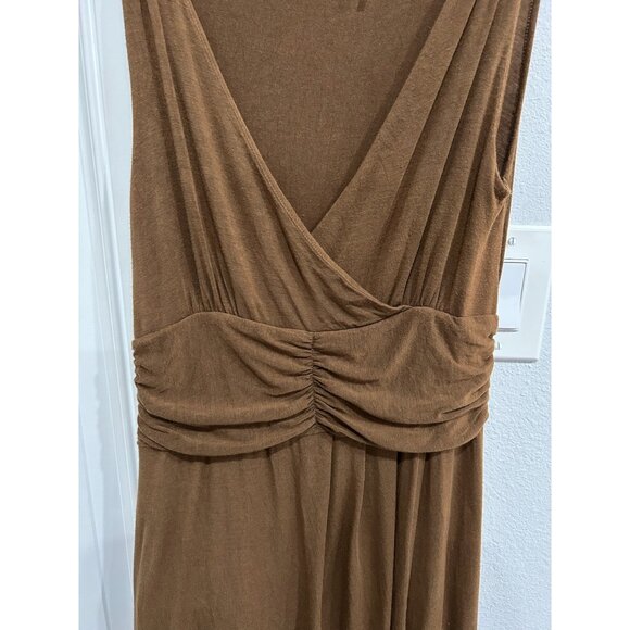 Miestre Brown Sleeveless Midi Dress With Ruched Waist V-Neckline Sz Medium - Picture 4 of 8
